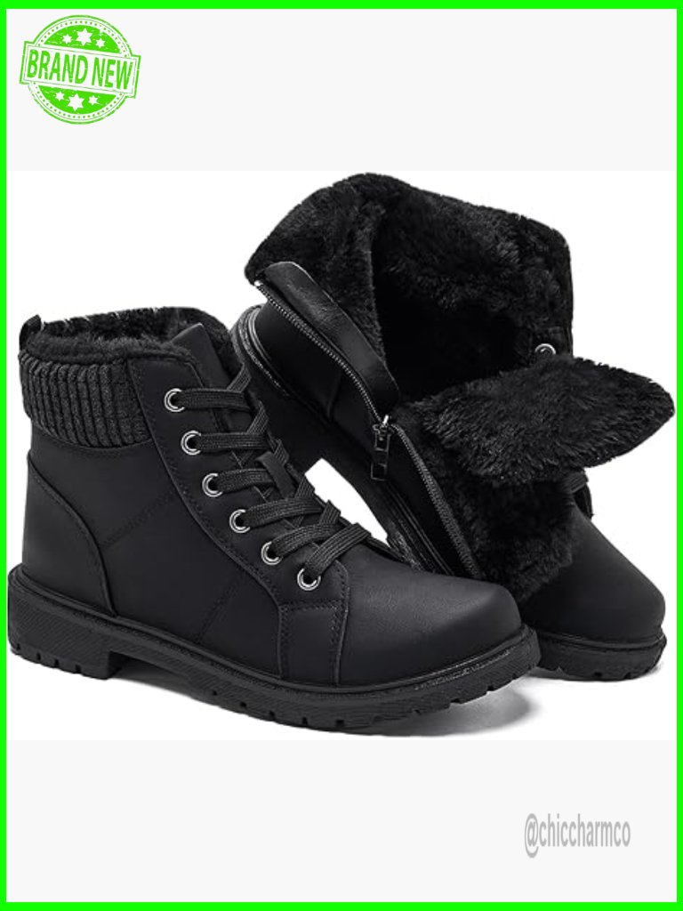 Winter Combat Boots For Women - Ankle Booties With Faux Fur Lining And Side